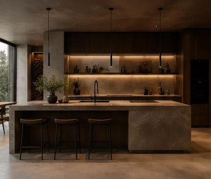 Cocina con isla central y encimera de cuarzo claro.