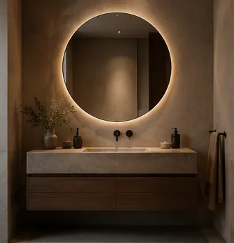 Baño reformado con mueble suspendido bajo un espejo redondo iluminado.