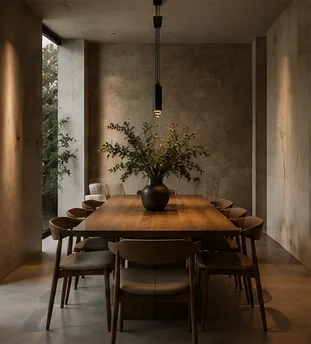 Comedor con mesa de madera abierto al resto de la vivienda.