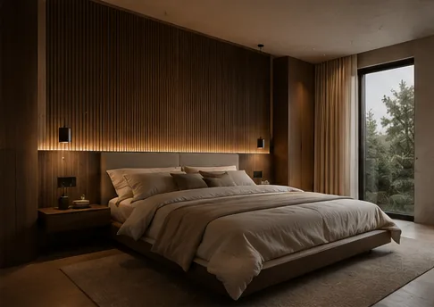 Dormitorio con cabecero de listones de madera y luz indirecta.
