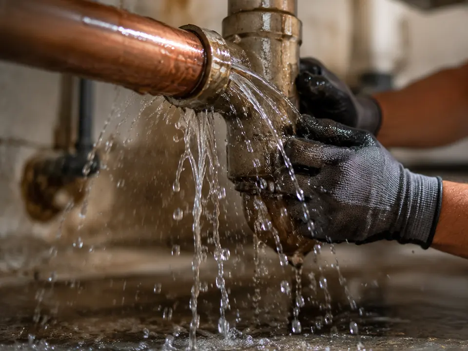 Fontanero localizando una fuga de agua en la instalación bajo un fregadero.