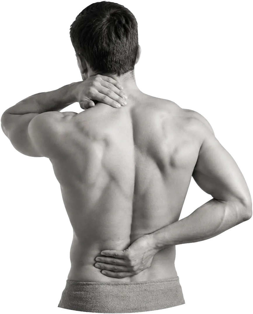 Hombre de espaldas llevándose una mano a la zona lumbar y otra al cuello.